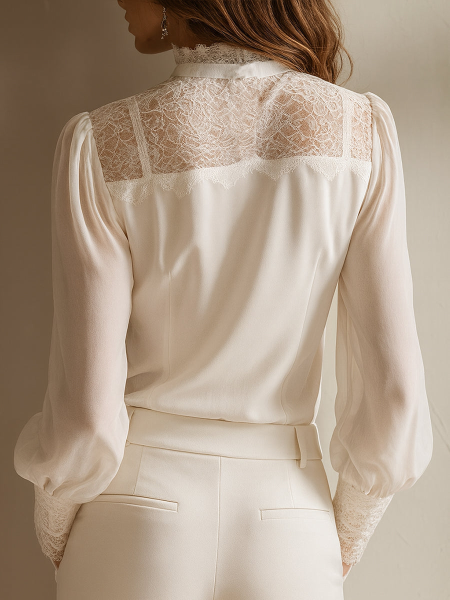 Women's Chiffon Blouse | Elegant Lace Tie Neck Long Sleeve Top 4