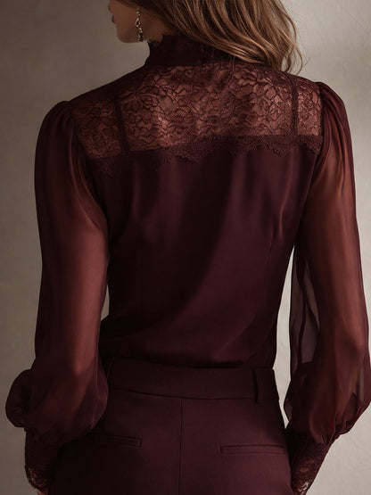 Women's Chiffon Blouse | Elegant Lace Tie Neck Long Sleeve Top 6