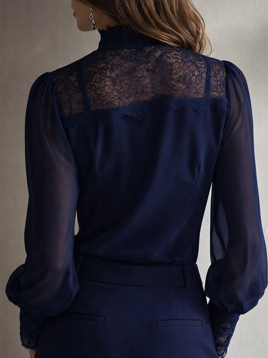 Women's Chiffon Blouse | Elegant Lace Tie Neck Long Sleeve Top 8