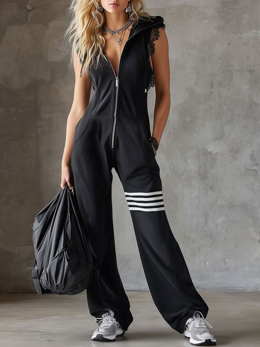 Women's Cotton-Blend Black Jumpsuit | Sporty Retro Sleeveless Hooded Romper 0