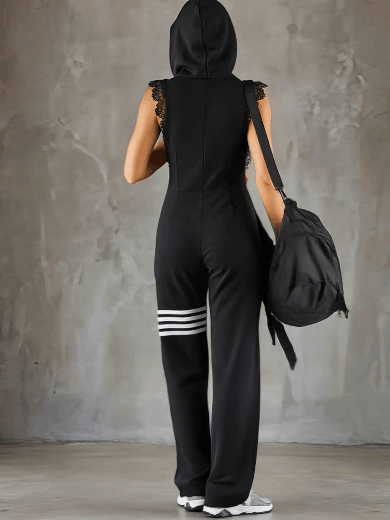 Women's Cotton-Blend Black Jumpsuit | Sporty Retro Sleeveless Hooded Romper 2