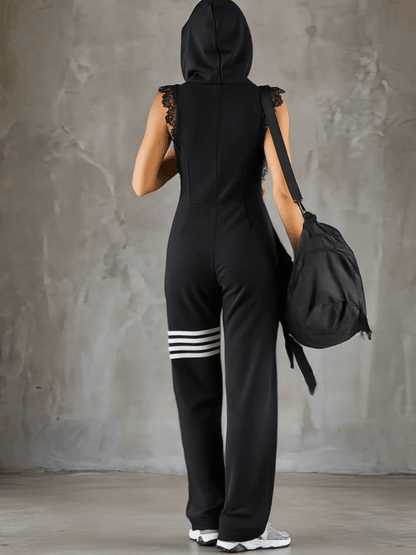 Women's Cotton-Blend Black Jumpsuit | Sporty Retro Sleeveless Hooded Romper 2