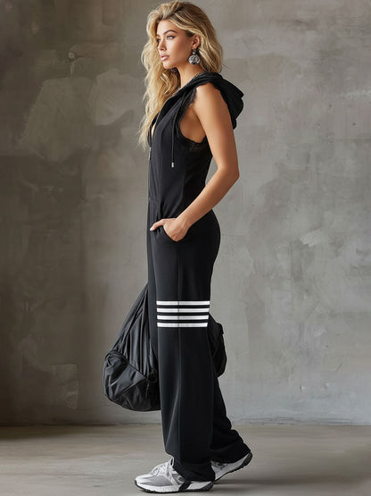 Women's Cotton-Blend Black Jumpsuit | Sporty Retro Sleeveless Hooded Romper 3