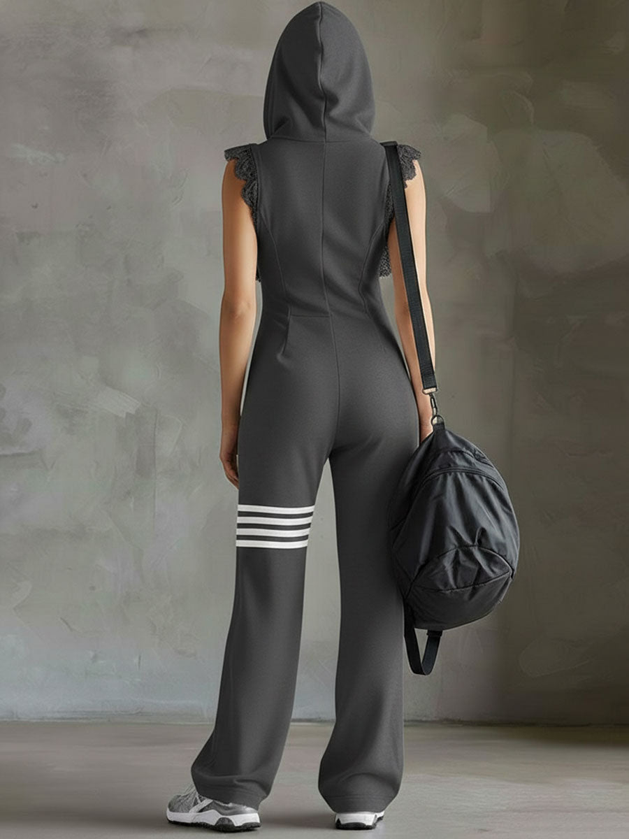 Women's Cotton-Blend Black Jumpsuit | Sporty Retro Sleeveless Hooded Romper 7