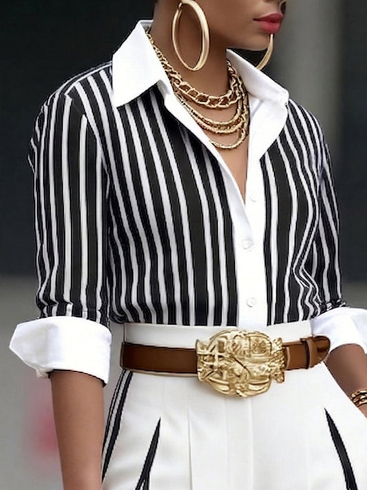 Women's Cotton Blend Striped Shirt | Elegant Casual Long Sleeve Blouse 0