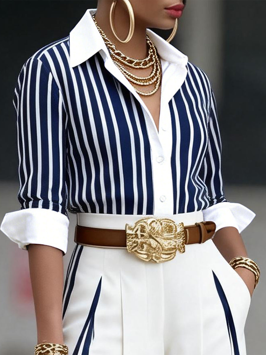 Women's Cotton Blend Striped Shirt | Elegant Casual Long Sleeve Blouse 1
