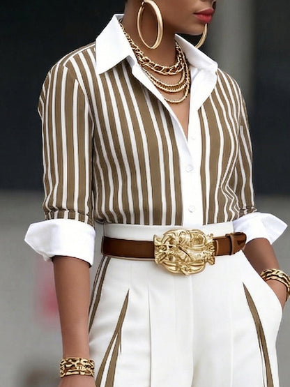 Women's Cotton Blend Striped Shirt | Elegant Casual Long Sleeve Blouse 4