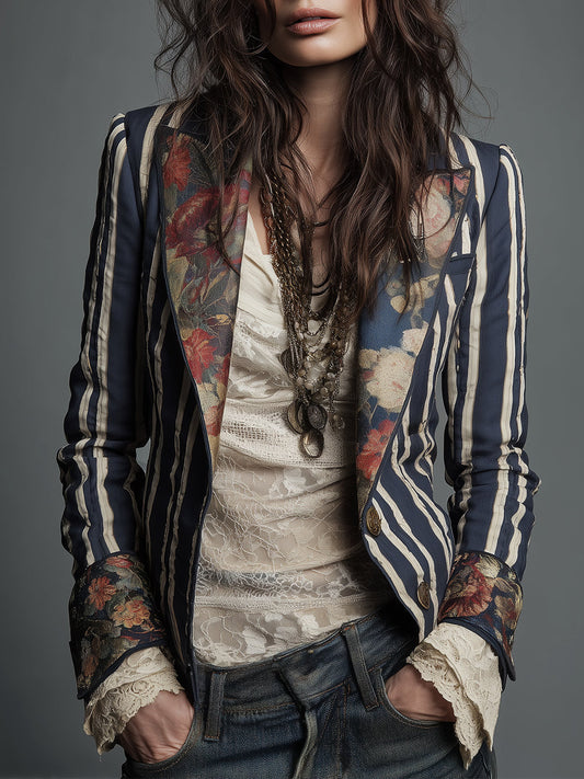 Women's Cotton Linen Blazer | Artistic Floral Striped Design | Tailored Lightweight Transitional Jacket 0