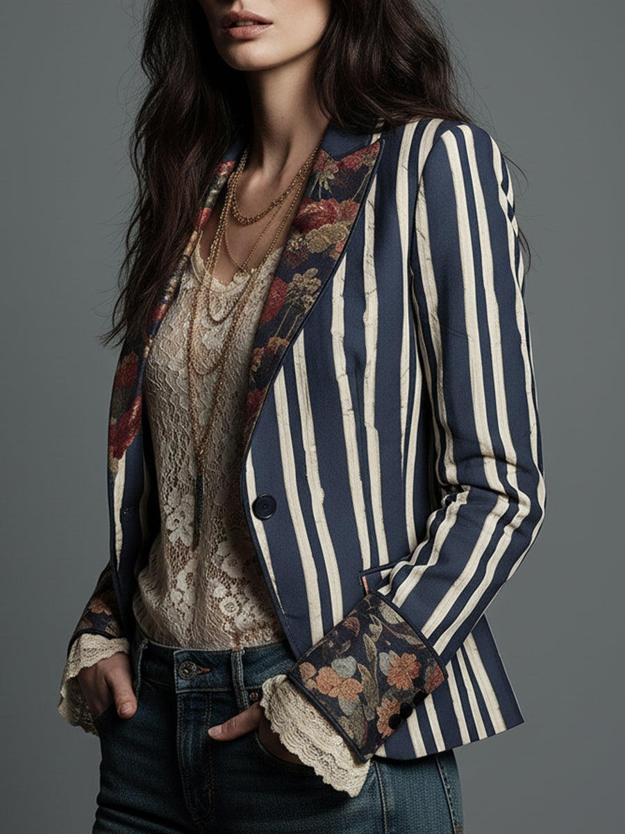Women's Cotton Linen Blazer | Artistic Floral Striped Design | Tailored Lightweight Transitional Jacket 1
