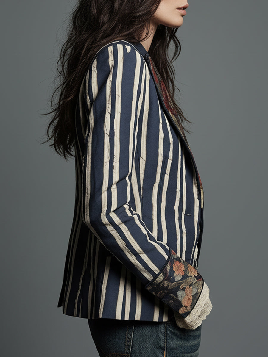 Women's Cotton Linen Blazer | Artistic Floral Striped Design | Tailored Lightweight Transitional Jacket 2