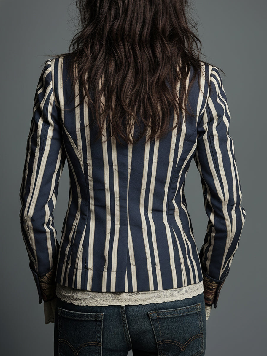 Women's Cotton Linen Blazer | Artistic Floral Striped Design | Tailored Lightweight Transitional Jacket 3
