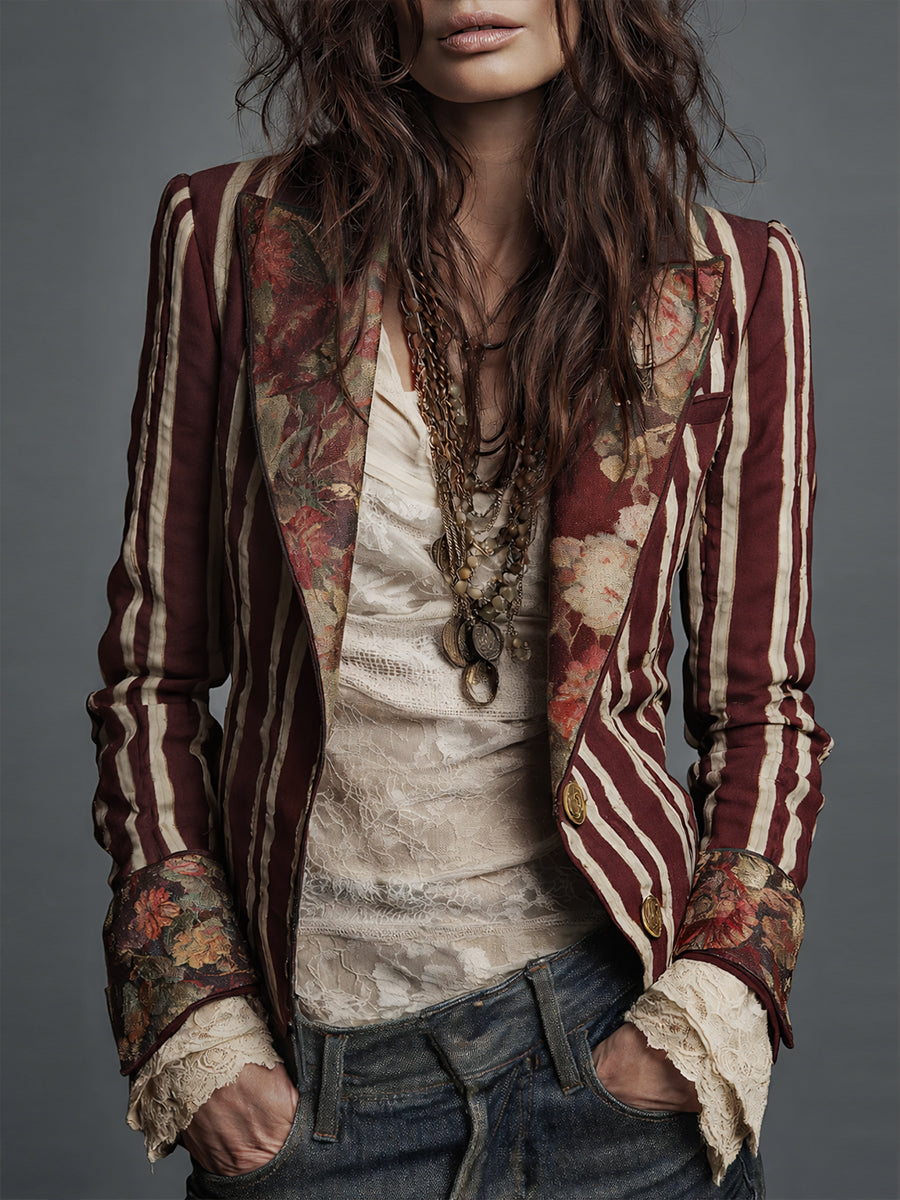 Women's Cotton Linen Blazer | Artistic Floral Striped Design | Tailored Lightweight Transitional Jacket 4