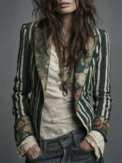 Women's Cotton Linen Blazer | Artistic Floral Striped Design | Tailored Lightweight Transitional Jacket 6