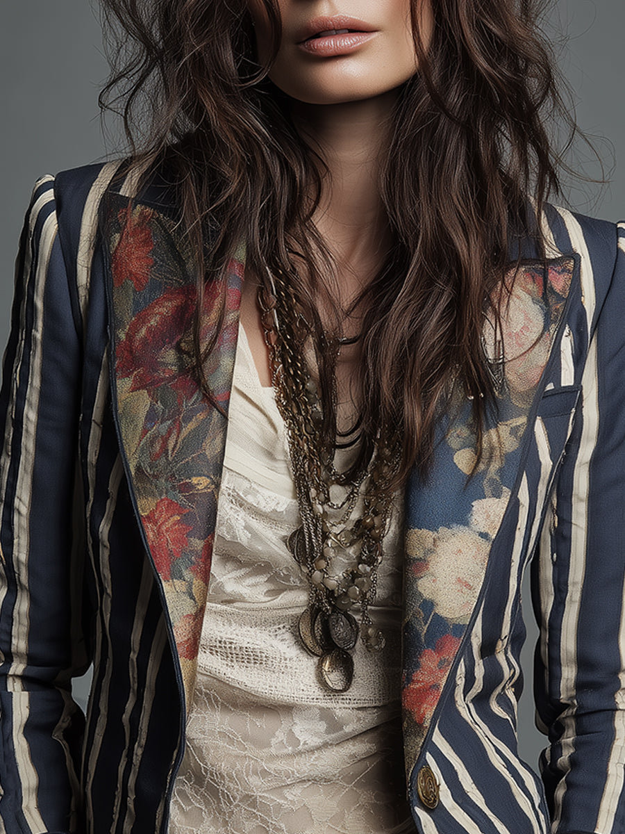 Women's Cotton Linen Blazer | Artistic Floral Striped Design | Tailored Lightweight Transitional Jacket 8