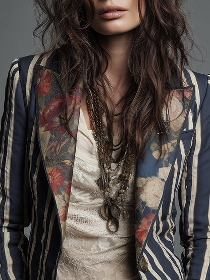 Women's Cotton Linen Blazer | Artistic Floral Striped Design | Tailored Lightweight Transitional Jacket 8