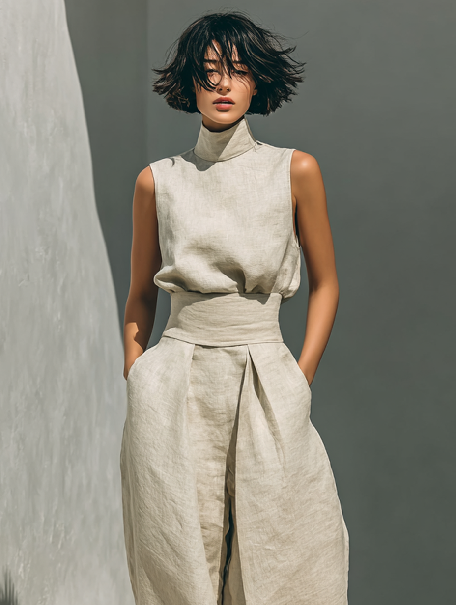 Women's Cotton Linen Blend Loungewear | Relaxed Two-Piece Set with Sleeveless Blouse and Wide-Leg Pants 5