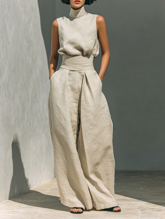 Women's Cotton Linen Blend Two-Piece Set | Stylish Sleeveless Blouse and Relaxed Wide-Leg Pants 0