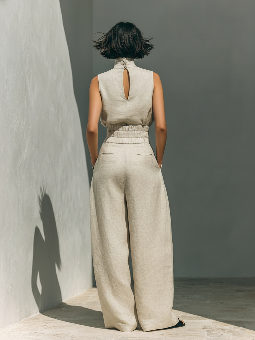 Women's Cotton Linen Blend Two-Piece Set | Stylish Sleeveless Blouse and Relaxed Wide-Leg Pants 1