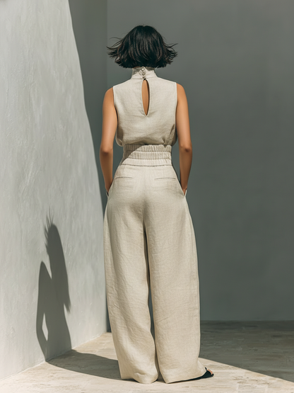 Women's Cotton Linen Blend Two-Piece Set | Stylish Sleeveless Blouse and Relaxed Wide-Leg Pants 1