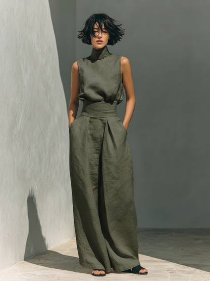 Women's Cotton Linen Blend Two-Piece Set | Stylish Sleeveless Blouse and Relaxed Wide-Leg Pants 2