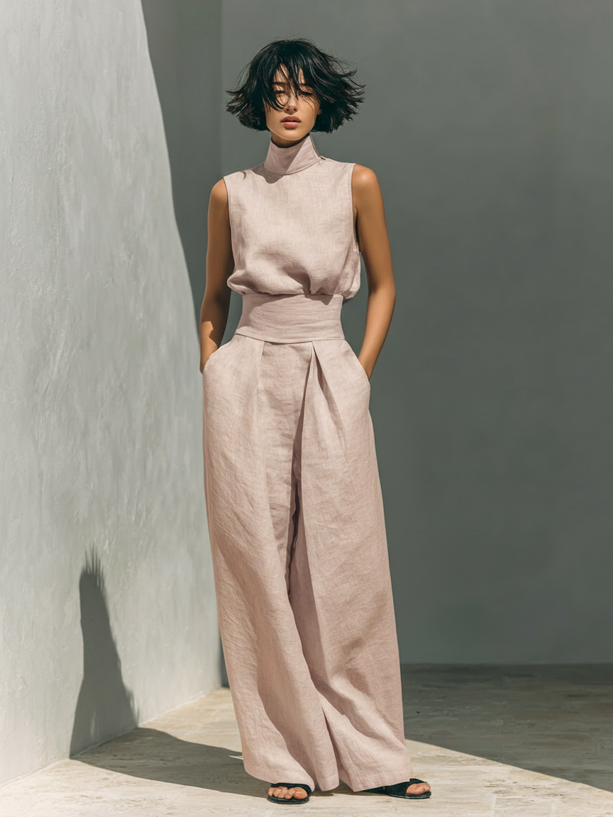 Women's Cotton Linen Blend Two-Piece Set | Stylish Sleeveless Blouse and Relaxed Wide-Leg Pants 4