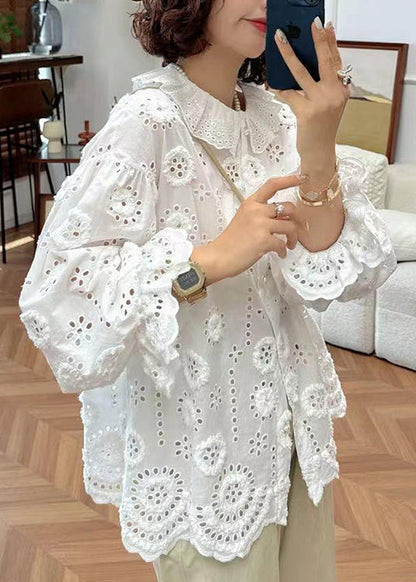 Women's Floral Cotton Blouse | Elegant White Puff Sleeve Summer Top 0
