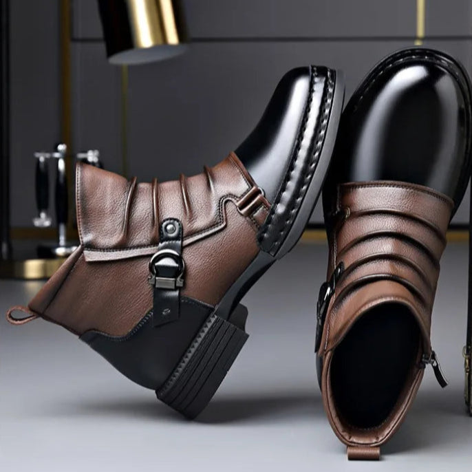 Women's Genuine Leather Black Ankle Boots | Stylish Folded Design with Buckle Strap 1