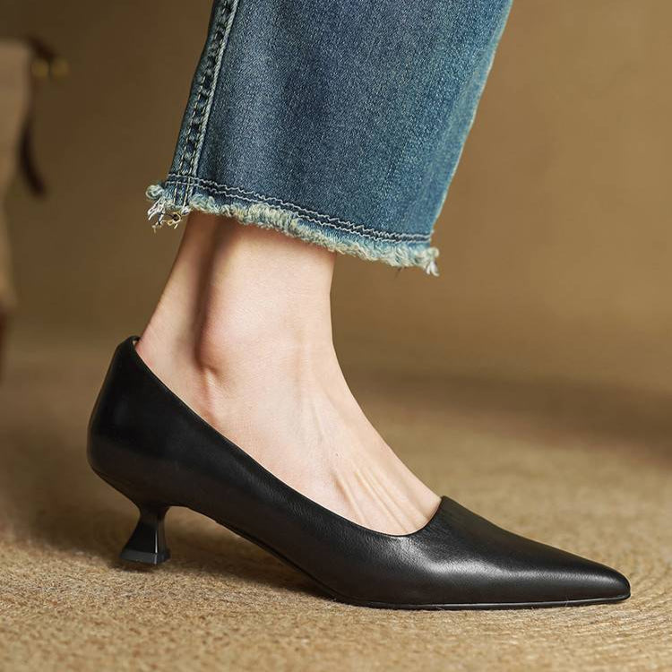 Women's Genuine Leather Kitten Heels | Elegant Pointed-Toe Dress Shoes 10