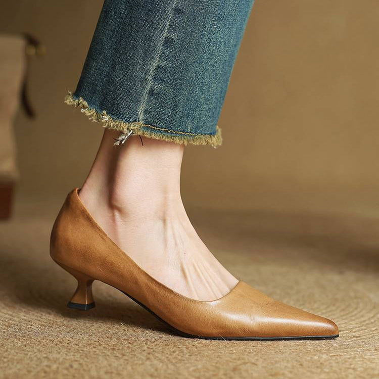 Women's Genuine Leather Kitten Heels | Elegant Pointed-Toe Dress Shoes 11