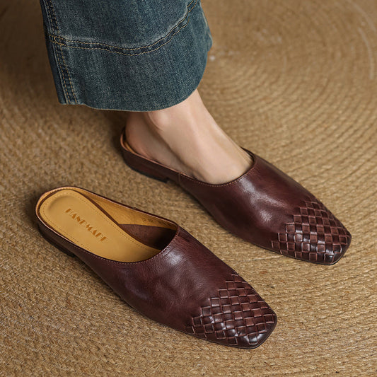 Women's Genuine Leather Mules | Intricately Woven Slip-On Shoes | Comfortable Everyday Footwear 0