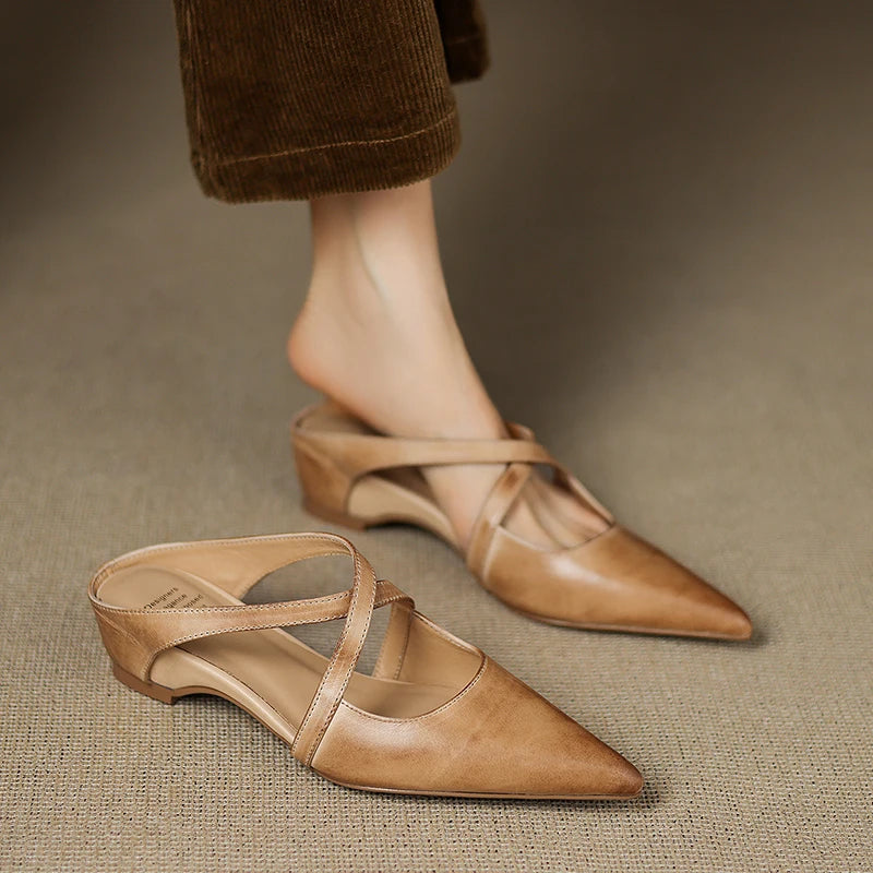 Women's Genuine Leather Mules | Stylish Cross-Strap Pointed-Toe Shoes 6