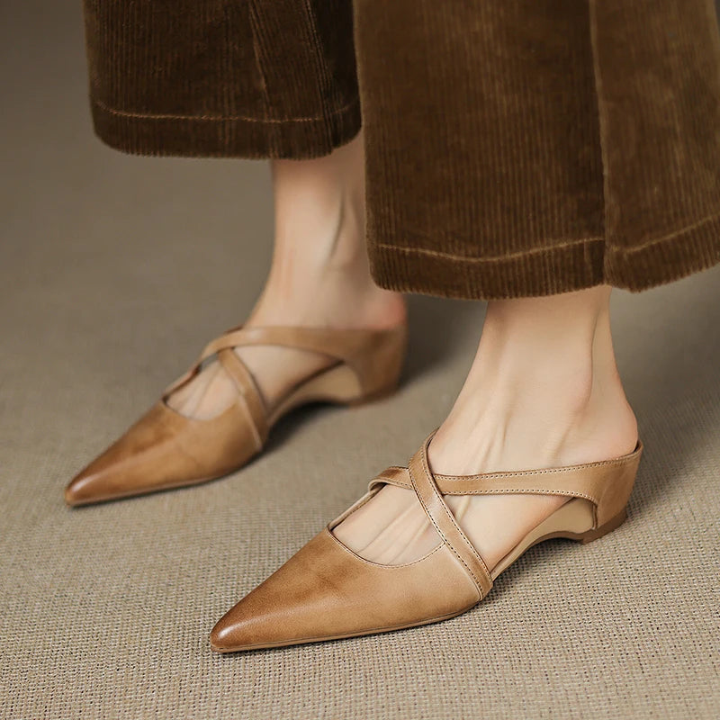 Women's Genuine Leather Mules | Stylish Cross-Strap Pointed-Toe Shoes 8