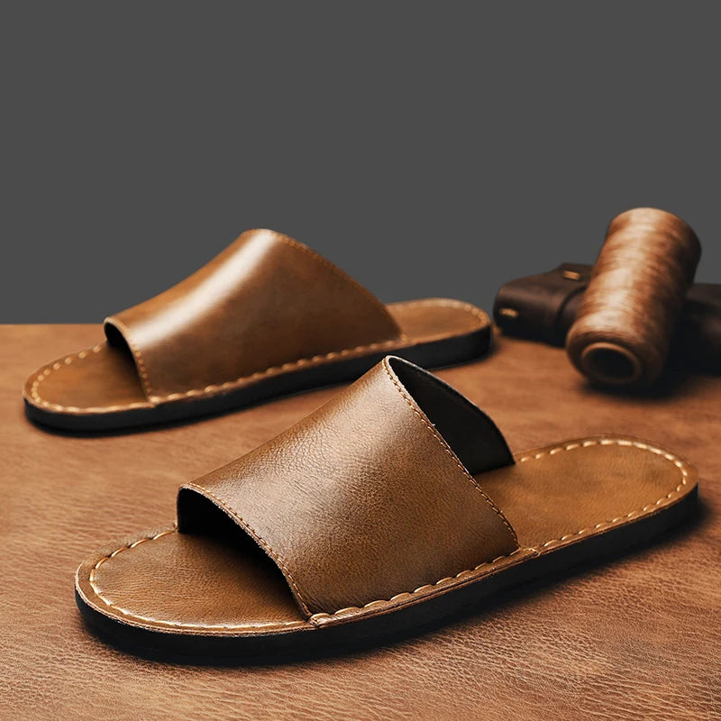 Women's Genuine Leather Slide Sandals | Comfortable Minimalist Open-Toe Footwear 1