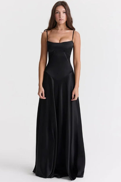 Women's Ivory Silky Satin Maxi Dress | Elegant Lace-Up Corset Formal Gown 1