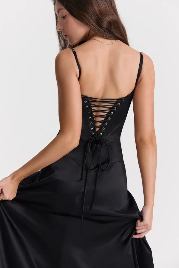 Women's Ivory Silky Satin Maxi Dress | Elegant Lace-Up Corset Formal Gown 10