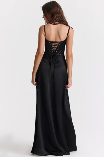 Women's Ivory Silky Satin Maxi Dress | Elegant Lace-Up Corset Formal Gown 8