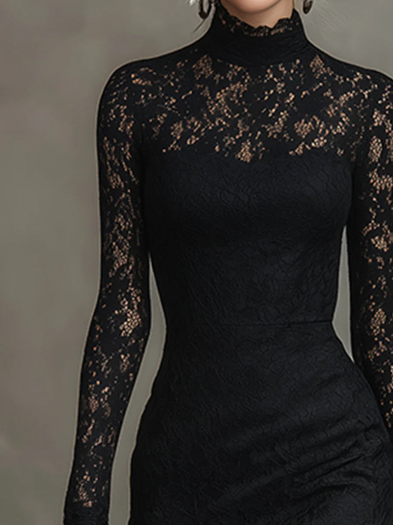 Women's Lace Bodycon Midi Dress | Elegant Long Sleeve Cocktail Dress 2