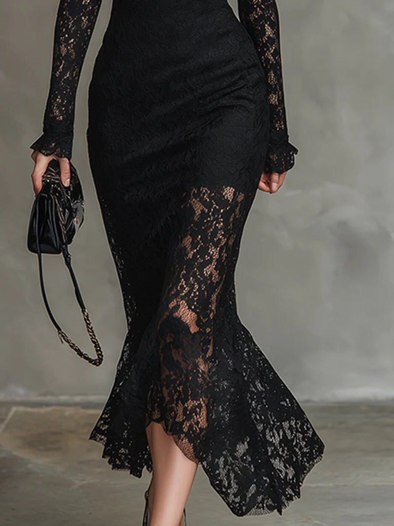 Women's Lace Bodycon Midi Dress | Elegant Long Sleeve Cocktail Dress 4