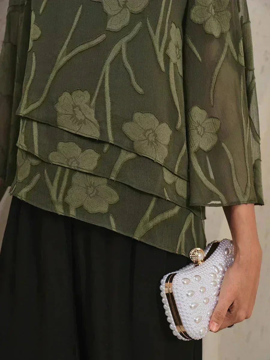 Women's Lightweight Chiffon Blouse | Elegant Floral Summer Top for Women | Relaxed Fit Cape Sleeve Design 1