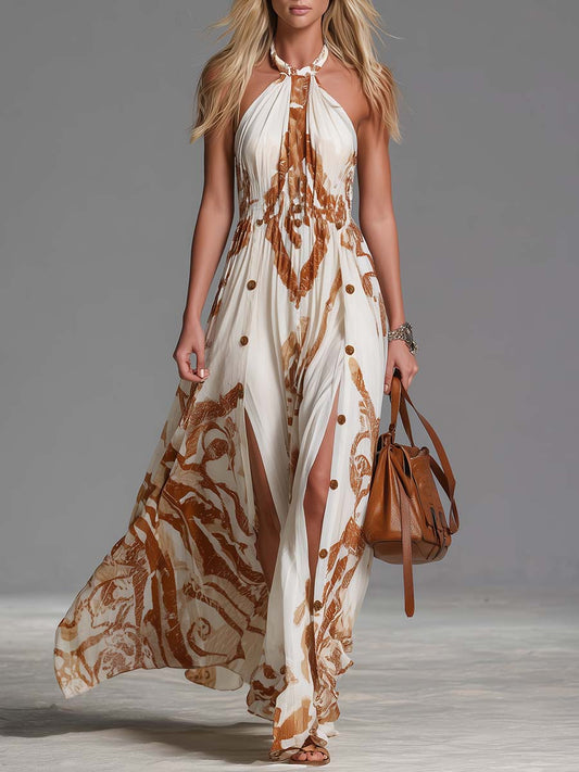 Women's Lightweight Chiffon Maxi Dress | Vintage Bohemian Halter Neck with Western Print 0