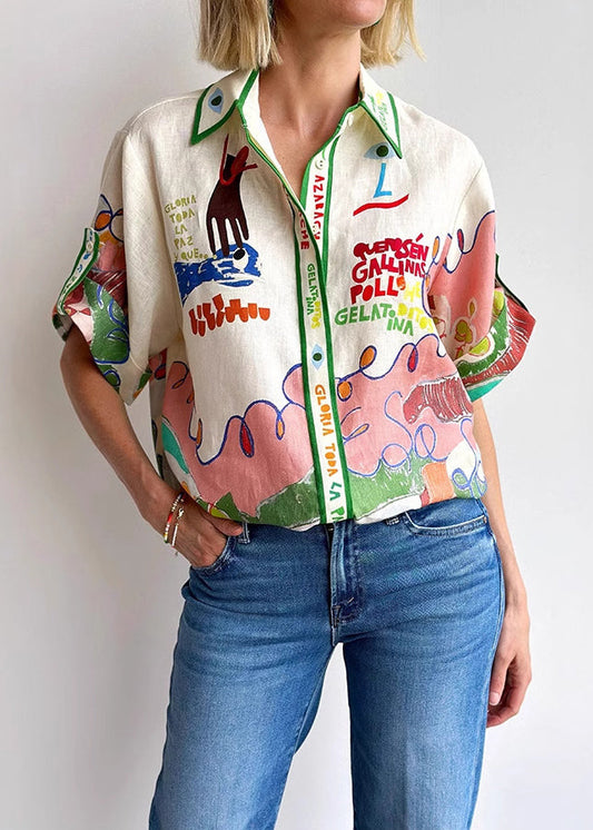 Women's Lightweight Linen Blouse | Stylish Graphic Print Peter Pan Collar Summer Top 0