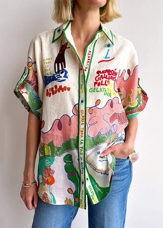 Women's Lightweight Linen Blouse | Stylish Graphic Print Peter Pan Collar Summer Top 1