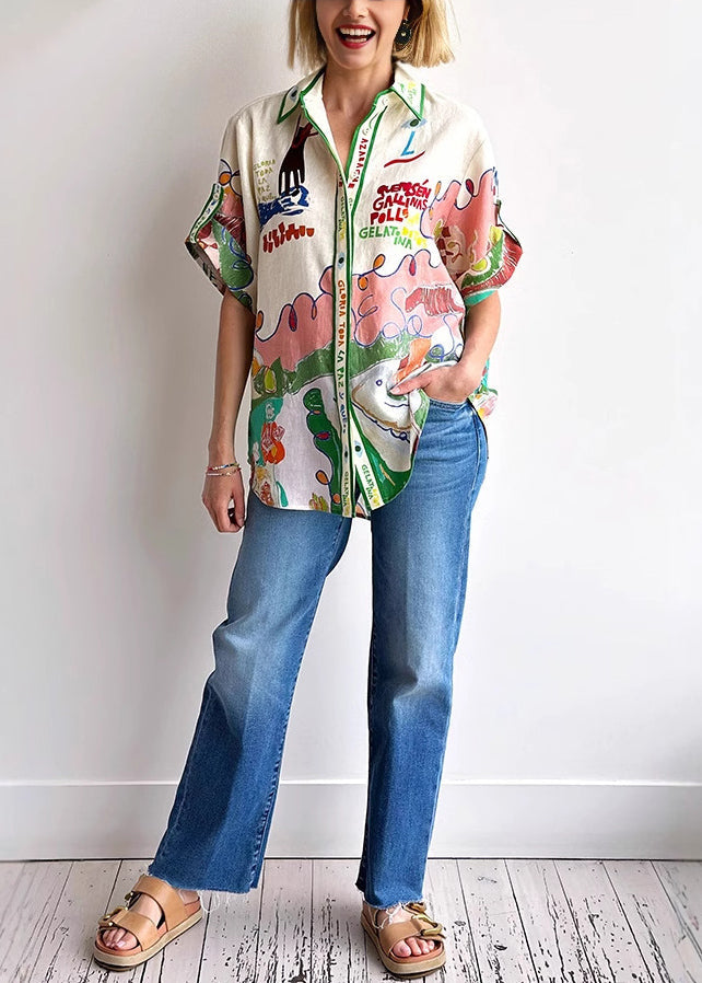 Women's Lightweight Linen Blouse | Stylish Graphic Print Peter Pan Collar Summer Top 2