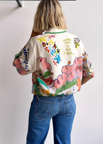 Women's Lightweight Linen Blouse | Stylish Graphic Print Peter Pan Collar Summer Top 3