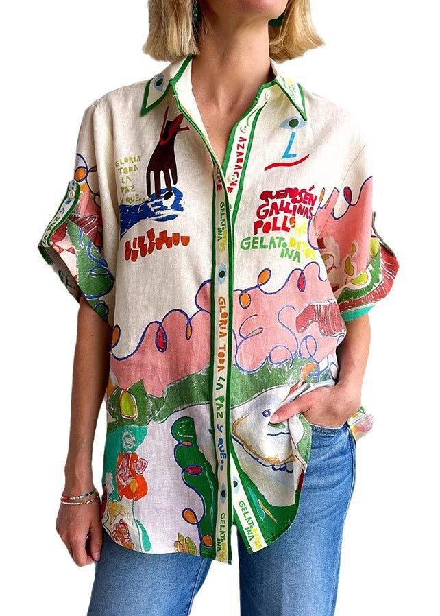 Women's Lightweight Linen Blouse | Stylish Graphic Print Peter Pan Collar Summer Top 4