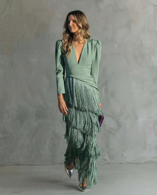 Women's Lightweight Midi Dress | Elegant Fringe Sleeve Evening Gown 0