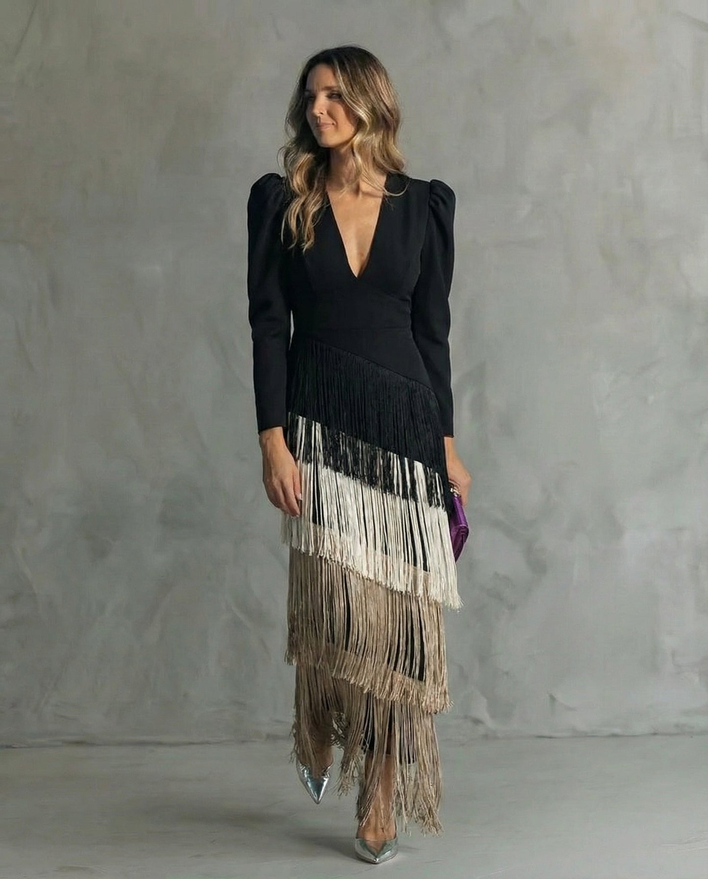 Women's Lightweight Midi Dress | Elegant Fringe Sleeve Evening Gown 3
