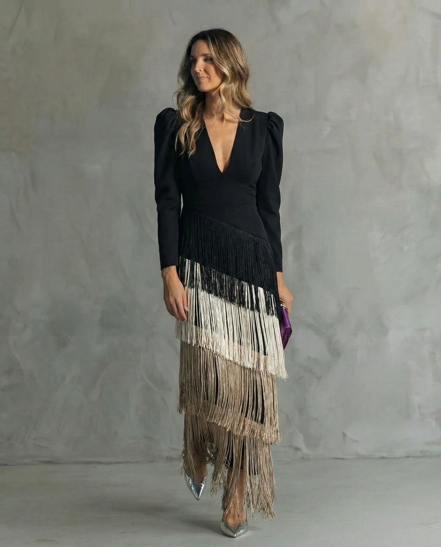 Women's Lightweight Midi Dress | Elegant Fringe Sleeve Evening Gown 3