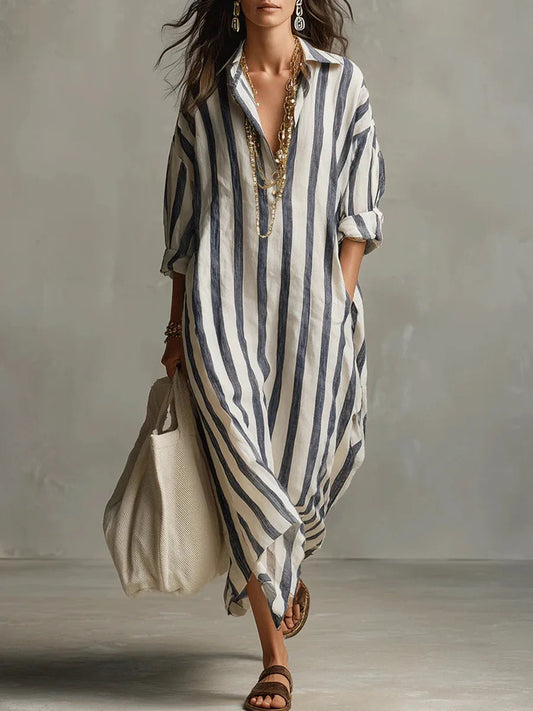 Women's Lightweight Striped Linen Blend Shirt Dress | Relaxed Fit Casual Summer Dress 0