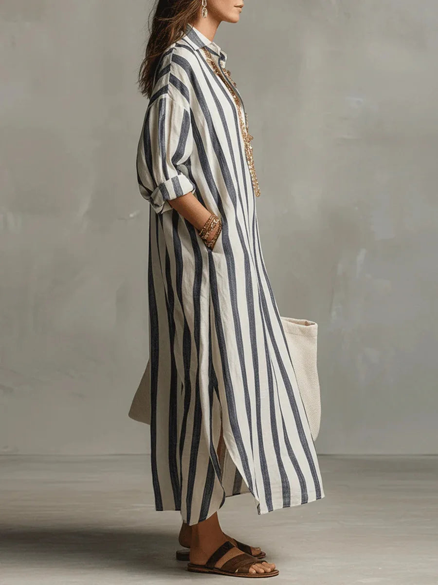 Women's Lightweight Striped Linen Blend Shirt Dress | Relaxed Fit Casual Summer Dress 1